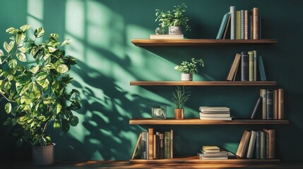 Poster - Warm light filters through a window, casting shadows on a stylish shelving unit filled with books and decorative plants, enhancing the tranquil atmosphere of the space