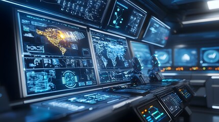 Poster - Futuristic command center with multiple digital screens control panels and robotic assistants monitoring data navigation and critical