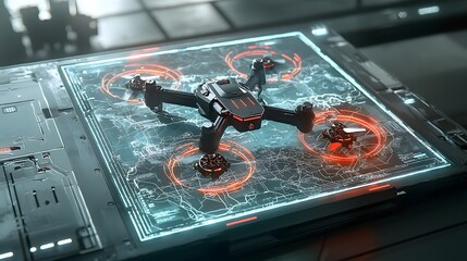 Aufkleber - Futuristic drone warfare control station displaying holographic maps and data with autonomous attack units ready for strategic deployment