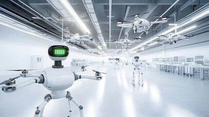 Poster - Futuristic research and development facility for cutting edge robotics technology featuring AI powered drones and humanoid robots undergoing extensive testing and experimentation