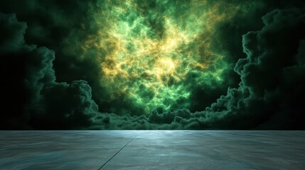 Poster - A surreal scene depicting a vibrant, green and yellow cloud formation against a dark background, creating an otherworldly atmosphere.