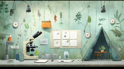 Poster - of a jungle research tent equipped with a microscope plant samples notebooks and other scientific tools for a biologist s field work and investigation