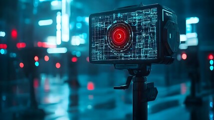 Aufkleber - Sleek high tech surveillance mounted on a pole surrounded by a digital interface displaying data and grid like patterns in a dimly lit urban nightscape