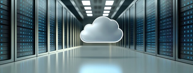 Fototapete - Digital illustration of cloud computing with glowing blue lights and a modern data center, symbolizing speed and connectivity