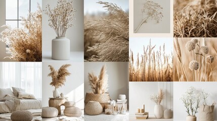 Poster - In a serene setting, soft neutral hues dominate as delicate florals and grasses create an inviting atmosphere. The cozy arrangement features natural elements that inspire tranquility and calm