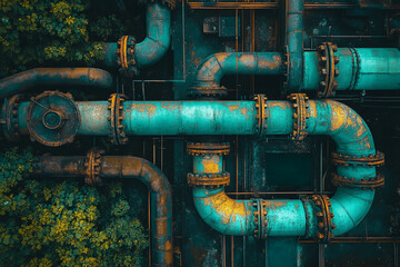 Poster - Overhead view of teal and rust-colored industrial pipes, interwoven, showcasing aged texture and intricate network, symbolizing industry, infrastructure, and resilience