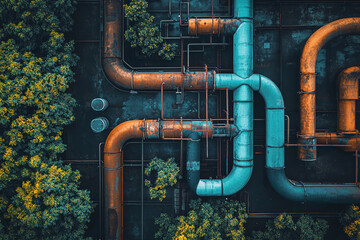 Poster - Aerial view of rusty and teal industrial pipes, interwoven amidst lush green foliage, creating a contrast between nature and industry, showcasing an intriguing texture and pattern