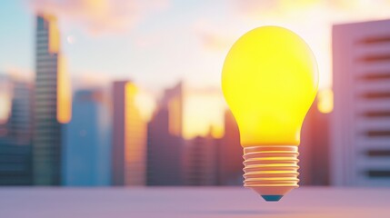 Poster - A glowing light bulb hovers against a city skyline at sunset, symbolizing innovation and bright ideas in an urban setting.