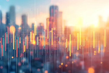 Poster - Cityscape sunset, financial charts overlay. Business success concept
