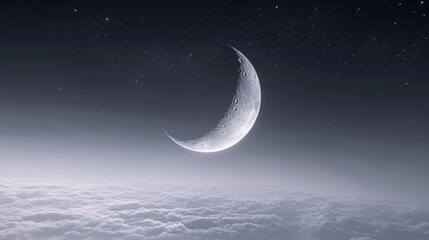 Poster - Crescent moon above a sea of clouds under a starry night sky, depicting tranquility, serenity and dreamscape