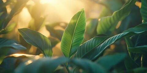 Poster - Close-up of green leaves bathed in sunlight, showcasing vibrant texture and natural light, symbolizing growth, freshness, and serenity, ideal for nature or wellness concepts