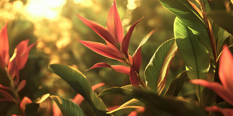 Poster - Close-up of red and green foliage illuminated by sunlight, creating a warm and vibrant natural scene, showcasing tropical plant life and its beauty