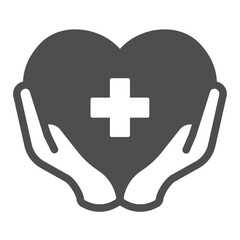 Poster - Heart and medical cross in hands solid icon, charity concept. Vector graphics. Hands with cross on heart, donation sign on white background, glyph style icon for mobile or web design.