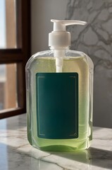 Poster - green liquid soap dispenser on marble surface with natural light in modern interior