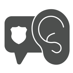 Poster - Ear with police badge popup window solid icon, law and order concept. Vector graphics. Police talks speech bubble sign on white background, glyph style icon for mobile or web design.