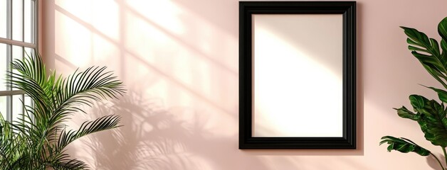 Poster - Bright pink wall displays a black frame mockup flanked by greenery and a clock, bathed in natural light from a nearby window