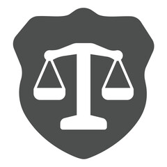 Fototapete - Justice and safety emblem solid icon, law enforcement concept. Vector graphics. Libra scales on shield, judgement sign on white background, glyph style icon for mobile or web design.
