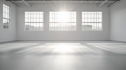 Poster - A bright, spacious room with large windows allowing sunlight to illuminate the minimalist interior and polished floor.