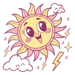 Poster - A cheerful kawaii sun shines brightly, featuring large expressive eyes and a wide smile