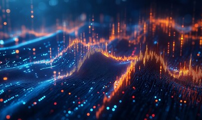 abstract digital data landscape with flowing lights in blue and orange colors
