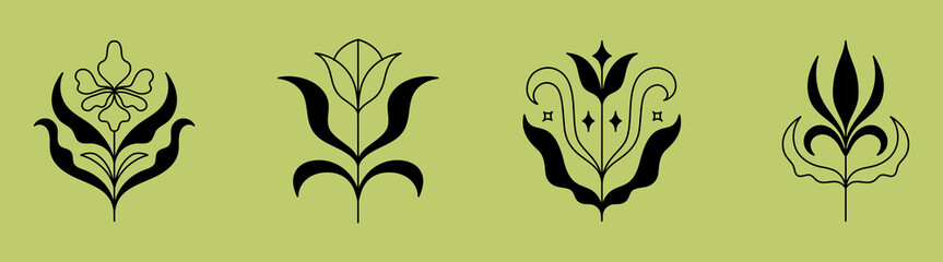 Poster - Vector set of logo design templates and graphic elements, organic cosmetics, floral illustration in simple linear hand drawn style, plants and flowers, natural products emblems