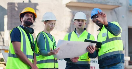 Poster - Group, architect and support with blueprint for construction planning, site inspection and architecture design. People, paperwork and communication of maintenance sketch, safety schedule and project