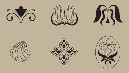 Poster - Vector set of logo design templates and graphic elements, organic cosmetics, floral illustration in simple linear hand drawn style, plants and flowers, natural products emblems