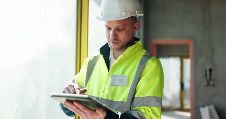 Poster - Safety manager, tablet and communication for construction, inspection or contractor compliance on site. Man, satisfaction and quality assurance for renovation, engineering or project management tools