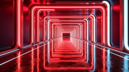 Poster - Abstract corridor with glowing red and white light patterns creating a futuristic atmosphere in a dark environment