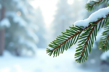 Wall Mural - Single isolated fir branch against snowy white background, forest, white
