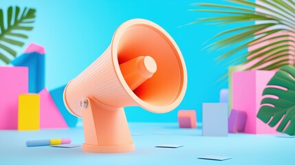 Poster - A colorful megaphone stands prominently against a vibrant backdrop of geometric shapes and tropical leaves, creating a playful and energetic atmosphere.