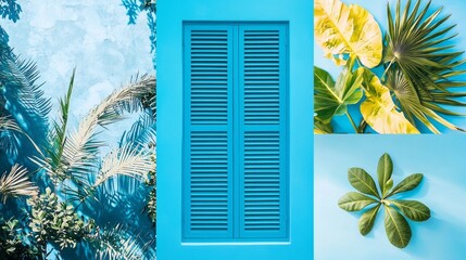 Poster - A collection of trendy collages showcases tropical elements, combining vibrant blue walls, lively foliage, and artistic textures. Nature and color blend harmoniously in this aesthetic display