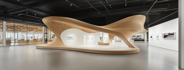 Poster - An abstract sculpture of black wood strips creates waves in this modern interior, leading to a captivating circular opening at the center