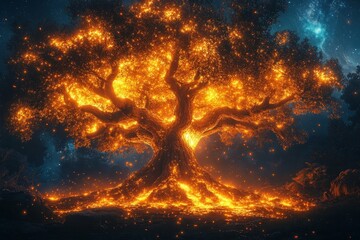 Wall Mural - glowing fiery tree in a magical forest