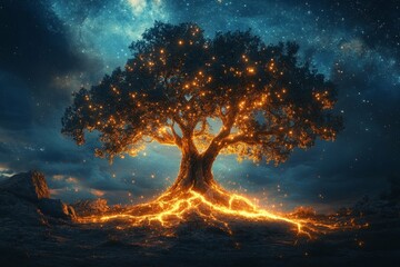 Wall Mural - enchanted tree under a starry night