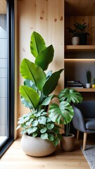 Fototapete - Modern Indoor Plant Decor in Sunlit Room with Rustic Wooden Walls and Natural Light Accentuating Interior Design Aesthetics