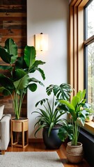 Poster - Modern Indoor Plant Decor in Sunlit Room with Rustic Wooden Walls and Natural Light Accentuating Interior Design Aesthetics