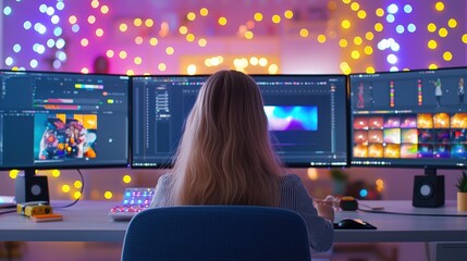 Poster - A person working intently at multiple computer monitors in a colorful, illuminated workspace, showcasing graphic design or video editing.