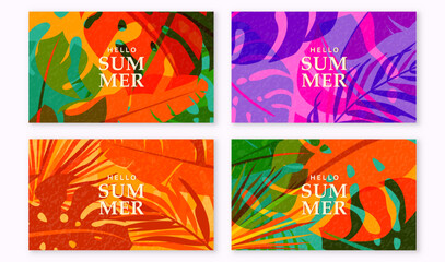 Poster - Summer tropic pattern background. Tropical jungle leaves banner design with retro modern texture, horizontal. Exotic abstract creative nature. Palm tree, monstera, banana vector illustration