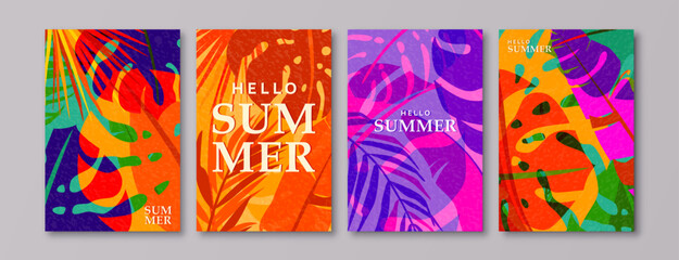 Poster - Summer tropic pattern set background. Tropical jungle leaves poster design with retro modern texture. Exotic abstract nature card in creative style. Palm tree, monstera, banana vector illustration