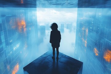 Wall Mural - A Solitary Figure Contemplating a Futuristic Cityscape