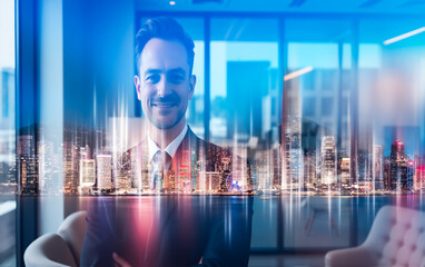 Leinwandbilder - A smiling man with a suit is layered with a double exposure of Hong Kong's cityscape at night. The city lights blend with the office background.