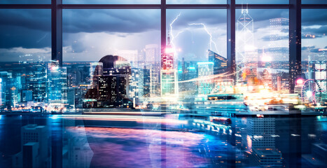 Fototapete - Hong Kong cityscape seen in double exposure effect, blending modern architecture with an abstract, dreamlike atmosphere. Night lights illuminate the urban scene.