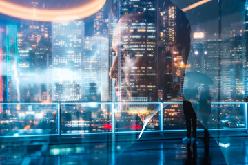Aufkleber - A man's silhouette is double exposed with a vibrant Hong Kong cityscape at night. Bright city lights blend with the figure in a futuristic and dynamic composition.
