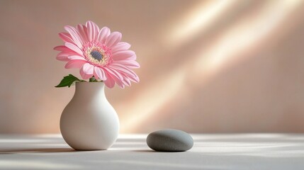 Poster - A delicate pink gerbera daisy stands tall in a minimalist vase, paired with a smooth stone, illuminated by soft light that enhances the serene ambiance of the setting