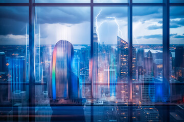 Poster - Person looking out of window at Hong Kong city skyline at night during a thunderstorm with lightning illuminating skyscrapers.