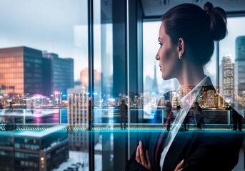 Aufkleber - Businesswoman contemplates Hong Kong's cityscape through a window, utilizing a double exposure effect to blend urban ambition with modern architecture.