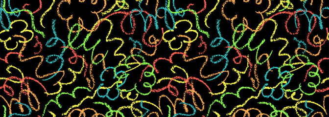 Poster - seamless pattern with doodle chalk lines. modern red blue green stroke squiggles drawn by wax pencil