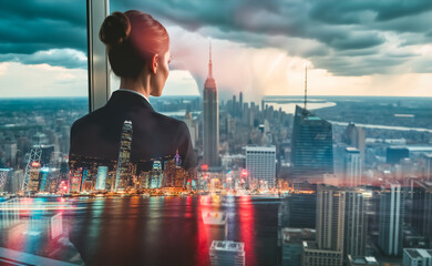 Poster - Businesswoman gazes over Hong Kong cityscape. Double exposure effect blends office interior with vibrant city lights and skyscrapers under a dramatic sky.