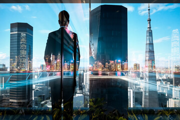 Fototapete - A businessman gazes over Hong Kong's cityscape in a double exposure effect, blending urban ambition with the vibrant energy of the city.